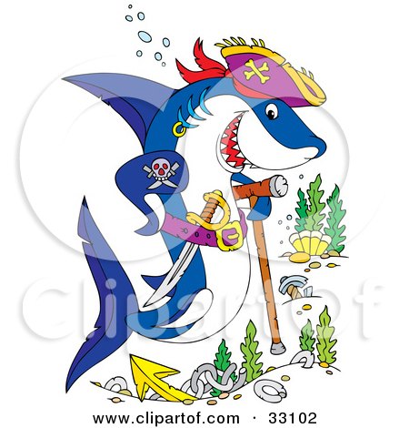 Clipart Illustration of a Pirate Shark With A Sword, Tattoo And Cane, Swimming Over A Shipwreck Site by Alex Bannykh