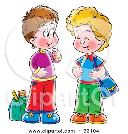 Clipart Illustration of Two Little Boys Laughing And Talking At A Bus Stop by Alex Bannykh