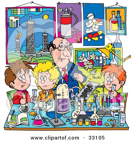 Clipart Illustration of a Male Teacher Supervising School Boys And Girls In A Science Lab by Alex Bannykh