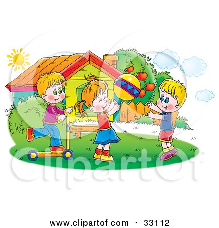 Clipart Illustration of a Children Tossing A Ball And Riding A Scooter Outside On A Sunny Day by Alex Bannykh