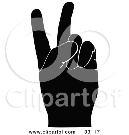 Clipart Illustration of a Black Silhouetted Hand Signaling The Peace Sign by elaineitalia