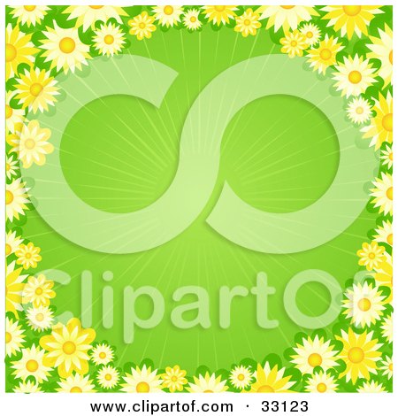Clipart Illustration of a Border Of Yellow Flowers Around A Green Background With A Faint Burst Of Light by elaineitalia