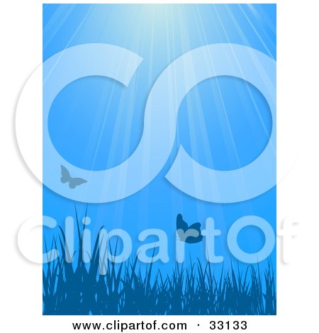 Clipart Illustration of Butterflies Over Blades Of Grass Against A Blue Background With Rays Of Light by elaineitalia
