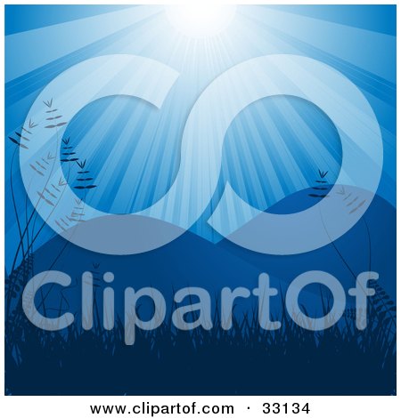 Clipart Illustration of Beams Of Light Shining From The Sky, Down On Hills And Grasses, In Blue Tones by elaineitalia