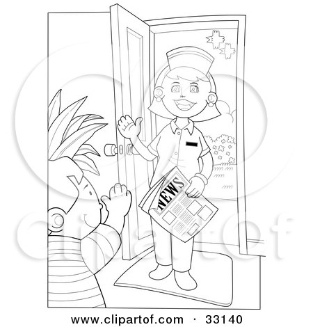 Clipart Illustration of a Little Boy Greeting A Friendly Nurse While She Enters Through A Doorway With A Newspaper by YUHAIZAN YUNUS