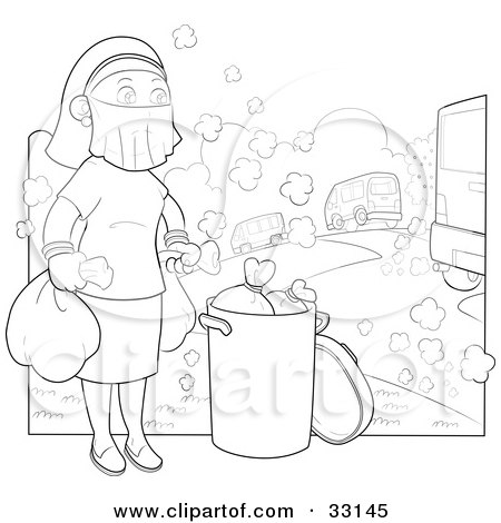 Clipart Illustration of a Woman Wearing A Mask Over Her Face While Taking The Trash Out In A Polluted Environment by YUHAIZAN YUNUS