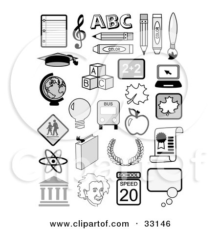 Clipart Illustration of a Set Of Educational Icons Including Music Notes, The Abcs, Globe, Albertin Einstein, Molecules And School Supplies by C Charley-Franzwa