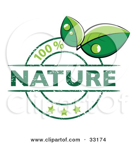 Clipart Illustration of a Green 100 Percent Nature Stamp With Three Stars And Two Green Leaves With Drops Of Dew by beboy