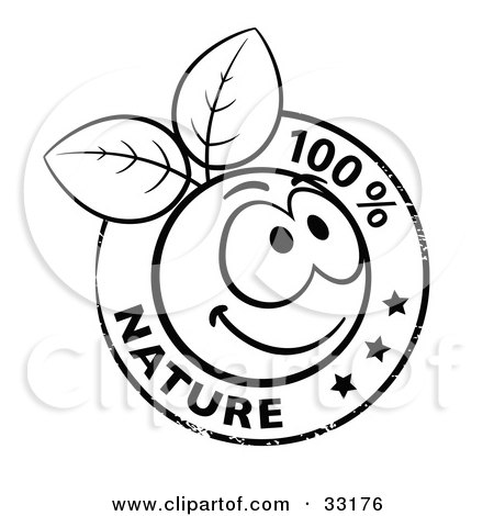 Clipart Illustration of a Black And White Stamp Of A Happy Organic Smiley Ball With Leaves And 100 Percent Nature Text by beboy