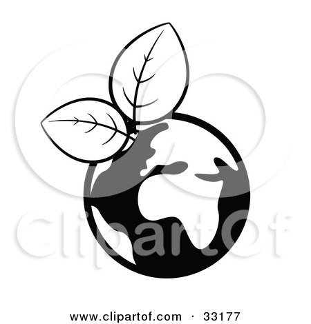 Clipart Illustration of a Black And White Globe Sprouting Fresh Leaves by beboy