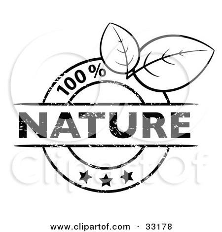 Clipart Illustration of a Black And White 100 Percent Nature Stamp With Three Stars And Two Leaves by beboy