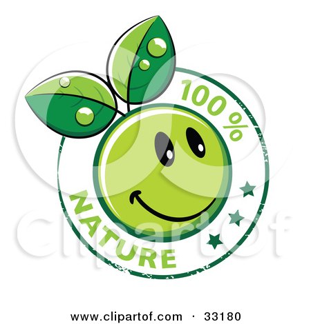 Clipart Illustration of a Stamp Of A Happy Green Organic Smiley Ball With Leaves And 100 Percent Nature Text With Stars by beboy