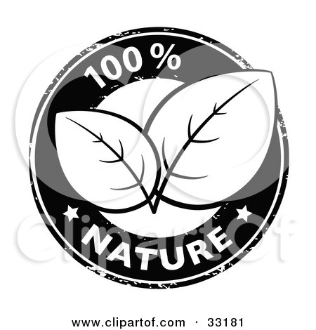 Clipart Illustration of a Black And White 100 Percent Pure Nature Stamp With Two Stars And Organic Leaves In The Center by beboy