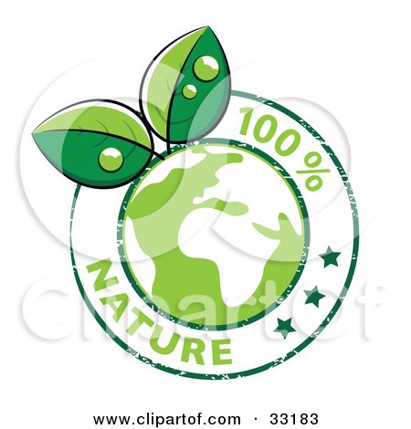 Clipart Illustration of Dew Drops On Organic Leaves Growing From A Green Globe, Circled By Stars And 100 Percent Nature Text by beboy