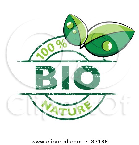 Clipart Illustration of a 100 Percent Bio Nature Stamp With Two Green Dew Covered Leaves, On A White Background by beboy