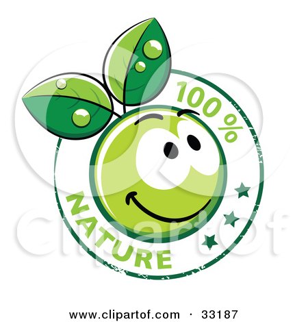 Clipart Illustration of a 100 Percent Nature Stamp With A Happy Green Organic Smiley Ball With Leaves And Stars by beboy
