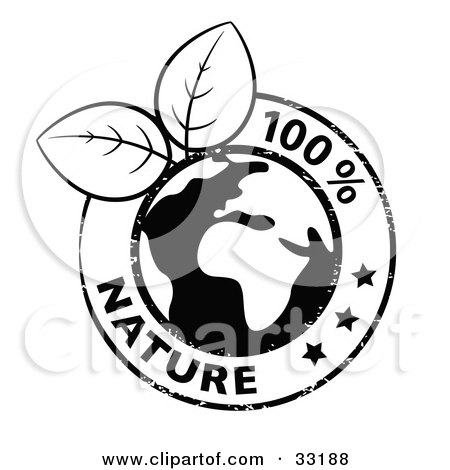Clipart Illustration of Black And White Fresh Leaves Growing From A Globe, Circled By Stars And 100 Percent Nature Text by beboy