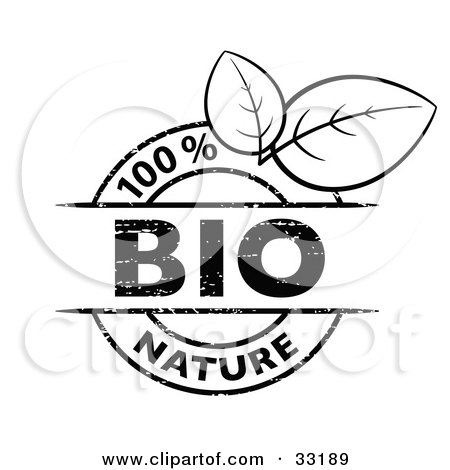 Clipart Illustration of a Black And White 100 Percent Bio Nature Stamp With Two Leaves, On A White Background by beboy