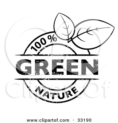 Clipart Illustration of a Black And White 100 Percent Nature Stamp With Two Leaves by beboy