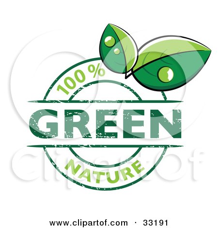 Clipart Illustration of a Green 100 Percent Nature Stamp With Two Dew Covered Leaves by beboy