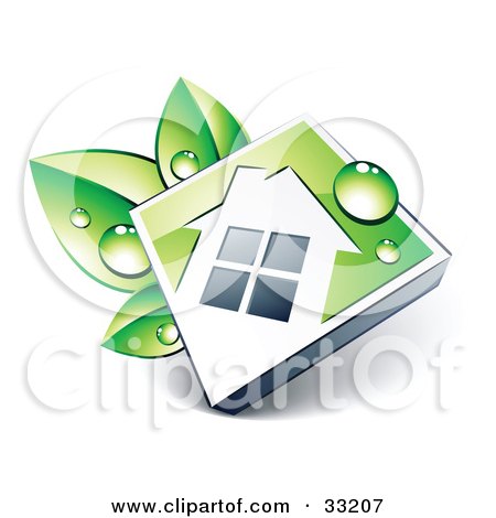 Clipart Illustration of Dew On A White House Icon On A Green Diamond Resting On Green Leaves by beboy