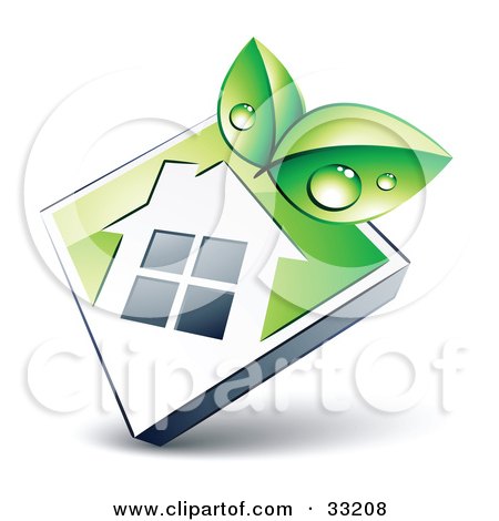 Clipart Illustration of Green Dewy Leaves Over A White House Icon On A Green Diamond by beboy
