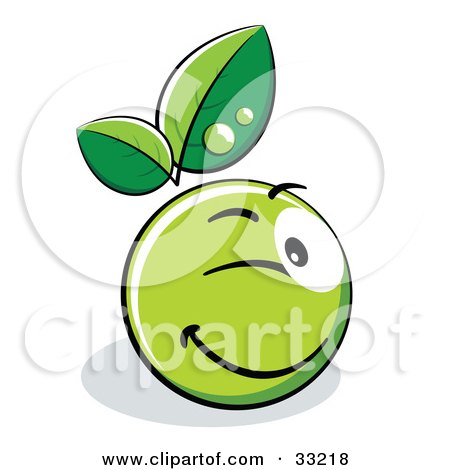 Clipart Illustration of a Winking Green Organic Smiley Ball With Leaves by beboy