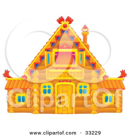 Clipart Illustration of a Log House With A Vaulted Roof And Purple Drapes In The Upstairs Window by Alex Bannykh