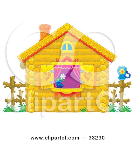 Clipart Illustration of a Cute Log Cabin With Purple Drapes, Heart Shutters, And A Flower In The Window by Alex Bannykh