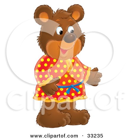 Clipart Illustration of a Friendly Bear In A Red And Yellow Polka Dog Dress by Alex Bannykh