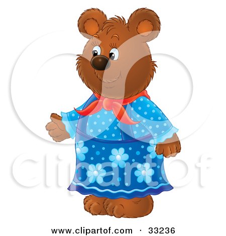 Clipart Illustration of a Friendly Female Bear Standing On Her Hind Legs, Wearing A Blue Dress by Alex Bannykh