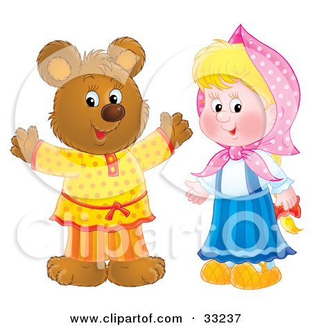 Clipart Illustration of a Happy Bear In Clothes, Standing By A Little Blond Girl by Alex Bannykh