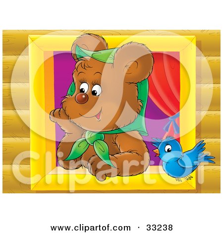 Clipart Illustration of a Bluebird Flying By A Female Bear Wearing A Green Scarf And Looking Out A Window by Alex Bannykh