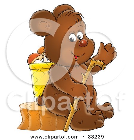 Clipart Illustration of a Happy Bear Sitting On A Stump With A Basket Of Mushrooms And A Walking Stick by Alex Bannykh