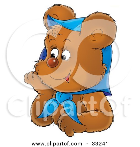 Clipart Illustration of a Cute Female Bear Wearing A Blue Scarf On Her Head And Day Dreaming by Alex Bannykh