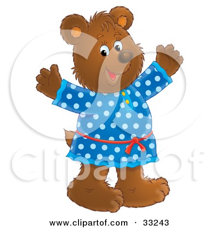 Clipart Illustration of a Happy Bear In A Blue Polka Dog Dress, Holding Her Arms Up by Alex Bannykh