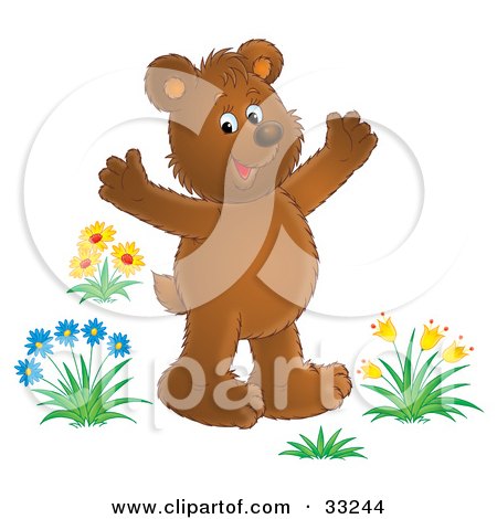 Clipart Illustration of a Happy Brown Bear Holding His Arms Up And Standing In Wildflowers by Alex Bannykh