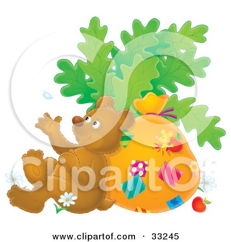 Clipart Illustration of a Relaxed Brown Bear Leaning Against A Sack And Tossing A Flower Petal by Alex Bannykh