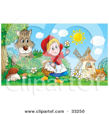Clipart Illustration of Little Red Riding Hood Carrying A Basket And Playing With A Flower Near Windmills As A Wolf Watches by Alex Bannykh
