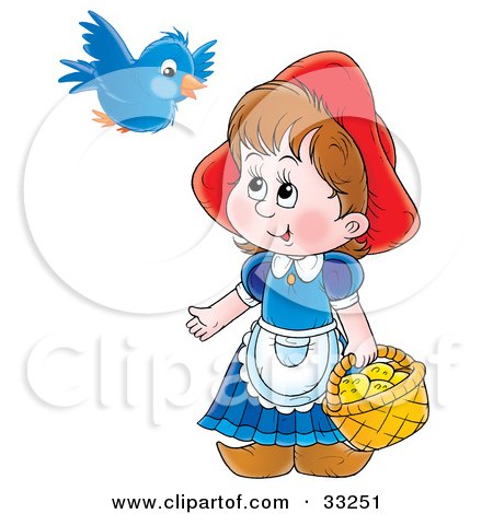 Clipart Illustration of Little Red Riding Hood Carrying A Basket Of Cookies And Talking To A Blue Bird by Alex Bannykh
