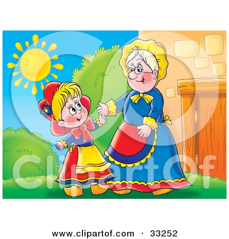 Clipart Illustration of a Grandmother Greeting Her Grand Daughter Outside On A Sunny Day by Alex Bannykh