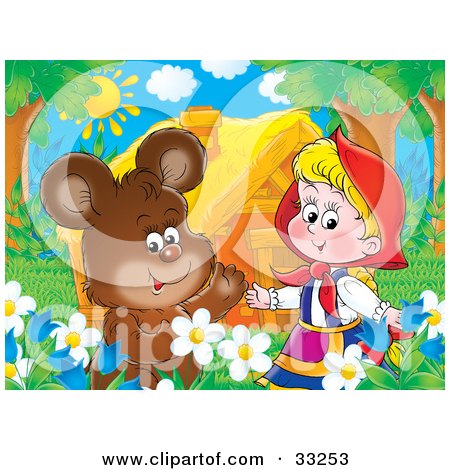 Clipart Illustration of a Cute Bear Chatting With Little Red Riding Hood In A Flower Bed Near A House by Alex Bannykh