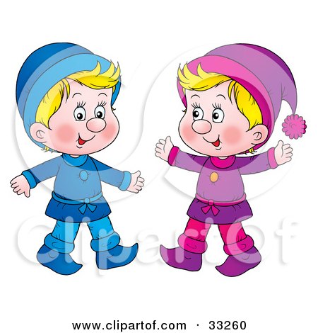 Clipart Illustration of Two Little Blond Boys Dressed In Blue And Purple by Alex Bannykh