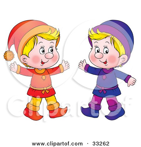 Clipart Illustration of Two Little Blond Boys Dressed In Orange And Purple by Alex Bannykh