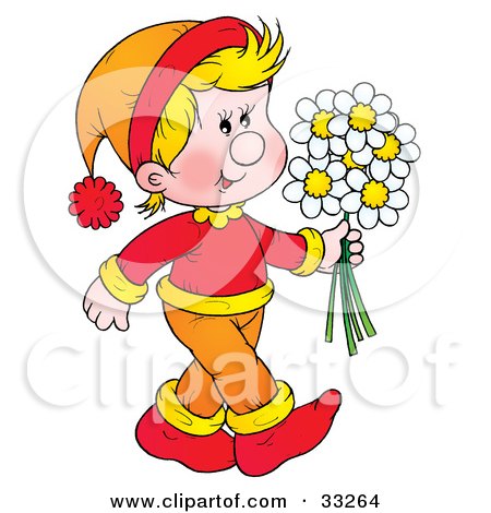 Clipart Illustration of a Happy Blond Boy In Orange And Red, Carrying A Bunch Of Daisy Flowers by Alex Bannykh