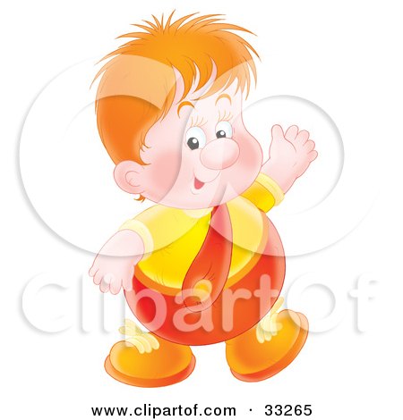 Clipart Illustration of a Friendly Red Haired Chubby Boy In Red And Yellow, Waving by Alex Bannykh