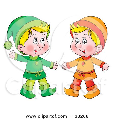 Clipart Illustration of Two Little Blond Boys Dressed In Green And Orange by Alex Bannykh