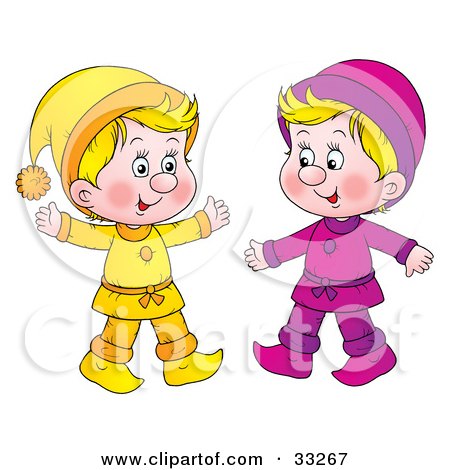 Clipart Illustration of Two Little Blond Boys Dressed In Yellow And Purple by Alex Bannykh