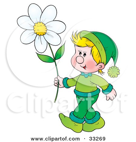 Clipart Illustration of a Happy Blond Boy In Green, Carrying A Large Daisy Flower by Alex Bannykh