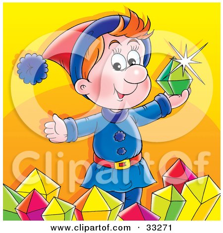 Clipart Illustration of a Happy Red Haired Elf Holding Up A Green Emerald And Surrounded By Gems by Alex Bannykh